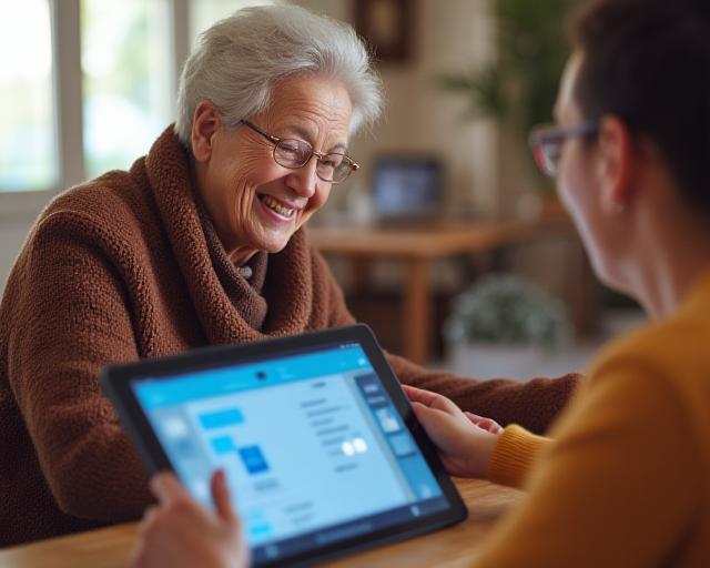 Persona anziana che sorride mentre impara a usare un tablet con un volontario