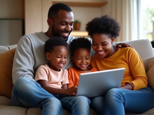 Famiglia che usa un tablet in salotto